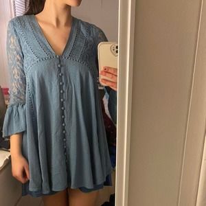 Altar'd State Blue Button Up Babydoll Long Sleeve Dress